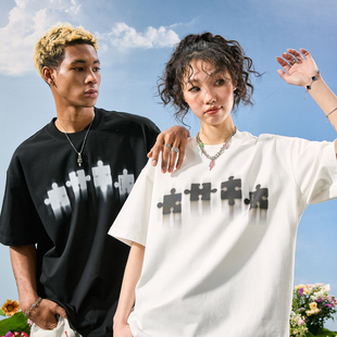 T恤宽松复古情侣男女2026年夏 男款 Nuthink美式 潮牌拼图印花短袖