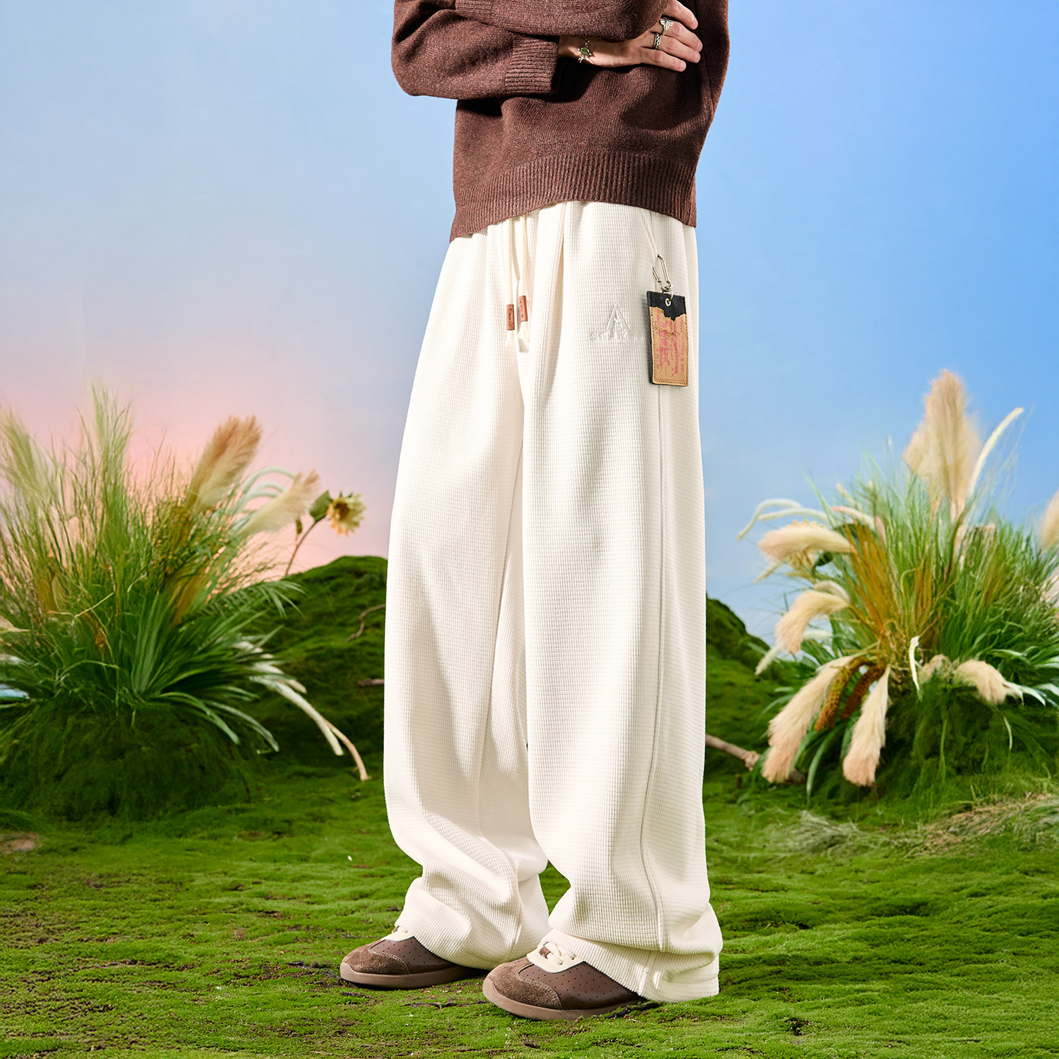 Nuthink美式垂感华夫格裤子刺绣字母潮牌加绒裤男款新款2026年春