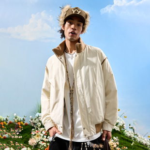 Nuthink美式 复古撞色拼接立领羽绒服飞行员夹克外套男2025冬新款