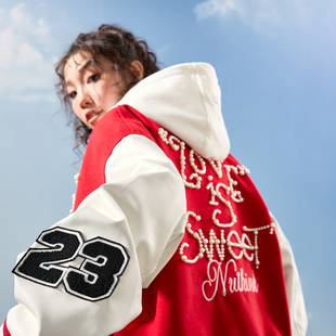 Nuthink红色美式 重工珍珠字母刺绣棒球服夹克外套男女2025冬新款