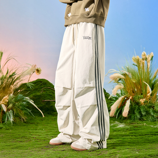 Nuthink美式复古休闲运动三条杠裤子褶皱阔腿裤男款新款2026年春