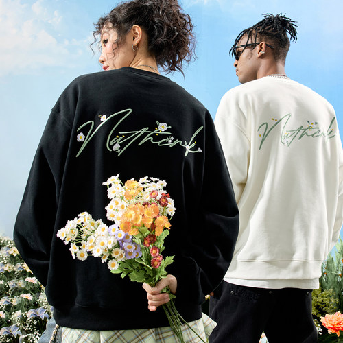 Nuthink字母花卉刺绣圆领卫衣男