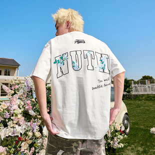 男女2025 复古潮牌宽松半袖 Nuthink山茶花刺绣重磅短袖 T恤字母美式