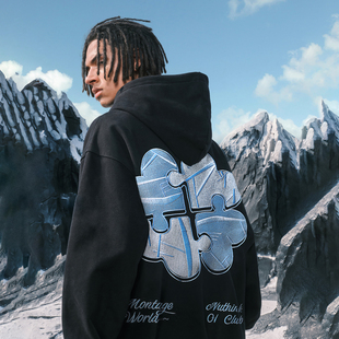 Nuthink美式 复古潮牌情侣男女拼图刺绣连帽卫衣四叶草2025冬新款