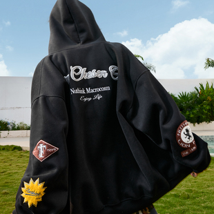 连帽卫衣外套加绒男女2025新款 Nuthink美式 重磅刺绣植绒徽章开衫