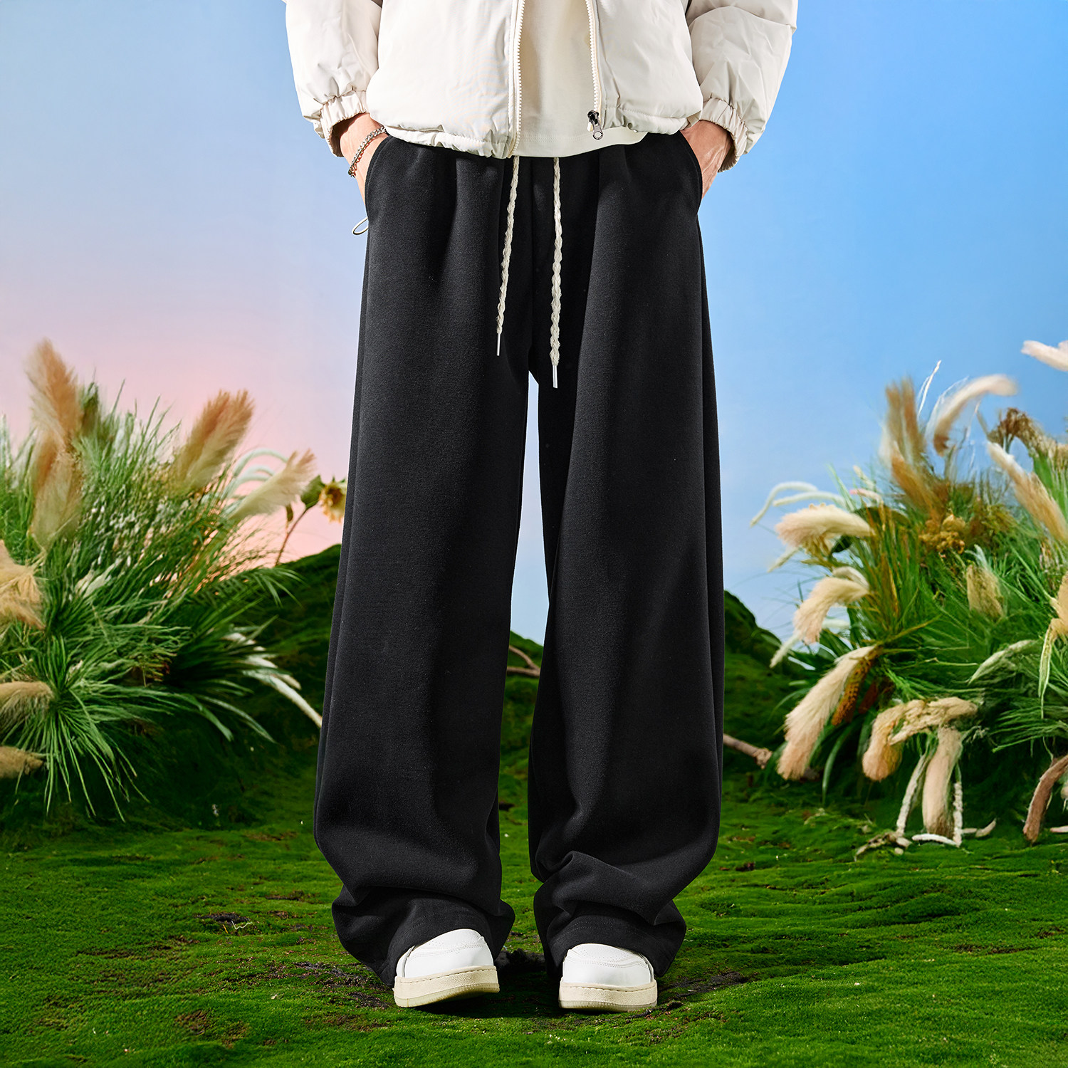 Nuthink美式复古潮牌纯色垂感阔腿卫裤加厚加绒裤子男款2026年春,男装,卫裤,淘宝优惠券,粉丝福利购,淘宝优惠卷