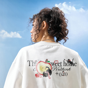 新款 Nuthink美式 复古潮牌苹果卡通小猫圆领卫衣加绒男女2025冬季