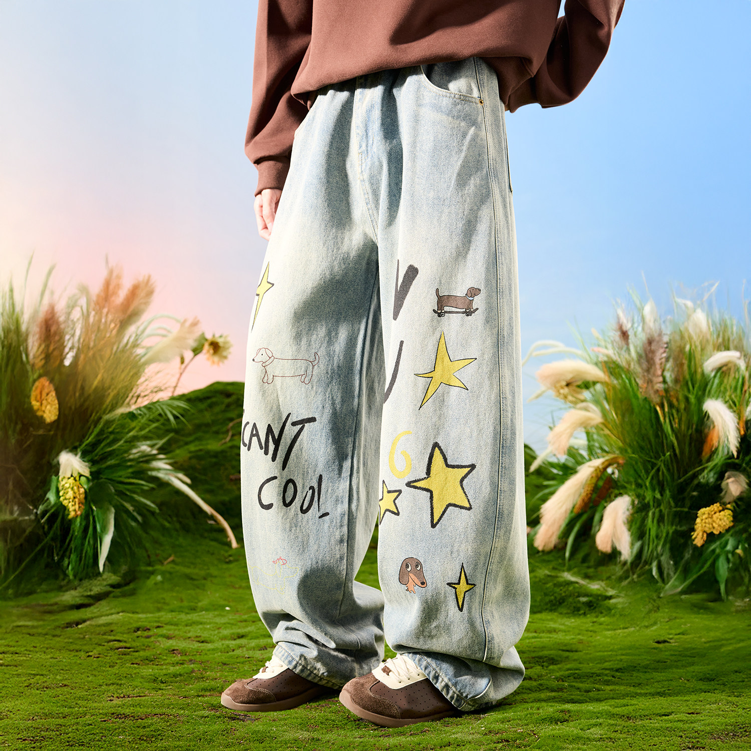 Nuthink美式复古水洗做旧小狗阔腿牛仔裤垂感加绒裤子男2026年春