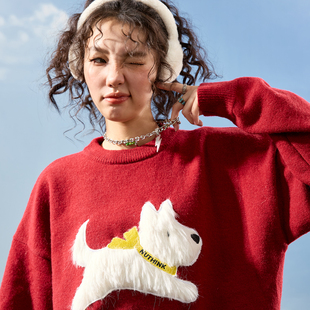 圆领男女2025冬新款 Nuthink美式 复古毛绒卡通小狗刺绣毛衣针织衫