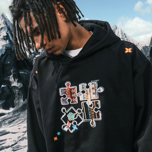 Nuthink美式 复古民族风彩色拼图刺绣连帽卫衣男女2025秋冬新款