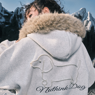 毛领外套男2025冬新款 Nuthink美式 复古珍珠小狗刺绣连帽卫衣开衫