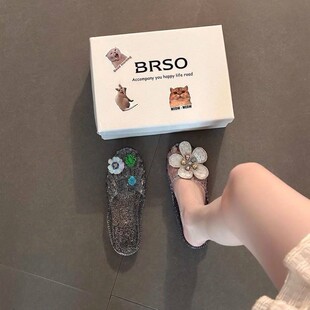 韩国水晶鞋凉鞋女平底透明半拖外穿鞋花果冻鞋凉拖鞋包头外穿女鞋