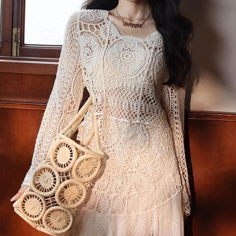 镂空蕾丝上衣女春夏薄款针织外披套头小衫宽松短袖洋气罩衫配裙子