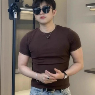男款美式高街短袖夏季高弹修身半袖体恤纯色重磅正肩圆领打底t恤