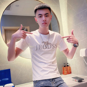 夏季男士t恤上衣短袖修身半袖休闲时尚潮流圆领烫钻个性紧身体恤