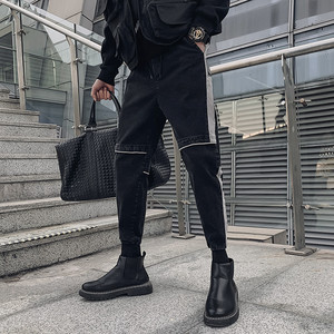 男秋季裤子休闲裤哈伦裤小脚裤工装修身潮流运动拼色加绒百搭ins