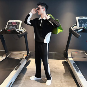 春秋季高级感撞色拼接POLO长袖休闲套装男穿搭设计感网红两件套