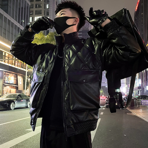 冬季2023新款菱格PU皮棉服男立领防寒加厚机车服个性痞帅棉衣外套