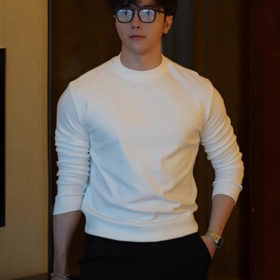 2025新款长袖T恤春秋季韩版休闲打底衫纯色男老钱风圆领套头卫衣