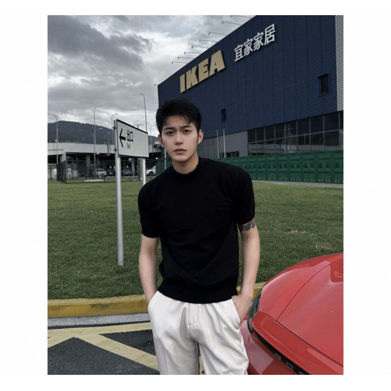 高级感针织垂感t恤男春秋季薄款半高领短袖体恤潮牌正肩打底毛衣