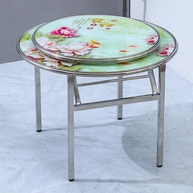 2I新型不锈钢可折叠玻璃圆桌连体户外方桌吃饭家用餐桌快餐店桌简