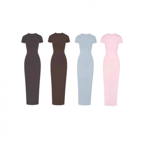 SKIMS卡戴珊NEW VINTAGE Long DRESS开叉螺纹包臀连衣裙短袖长裙
