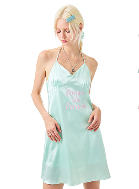 [BELLEVUE]小众设计小心机性感V领睡衣连衣裙印花缎面吊带睡裙