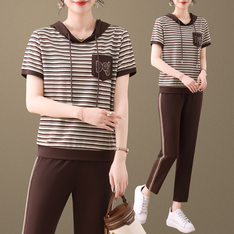 乔顿三叶草2025夏季新款连帽短袖运动服套装女冰丝棉薄款透气卫衣