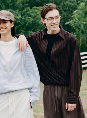 VLABMADE 松弛度假风COZY FIT短阔版型*优雅条纹深V领假两件衬衫