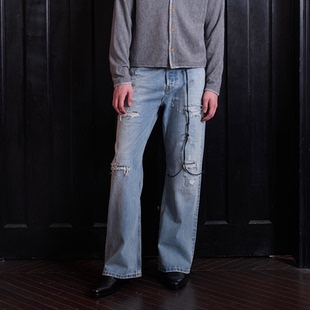 VLABMADE 手缝刺子水洗做旧破坏浅蓝猫须2021M宽松阔腿微喇牛仔裤