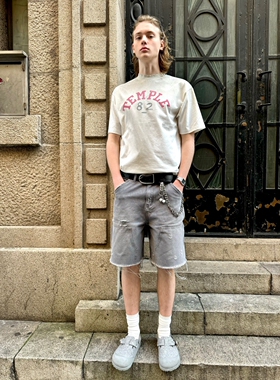 VLABMADE 重磅水洗做旧double knee双膝破洞伐木工装短裤五分裤男