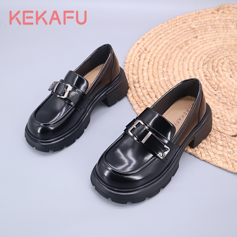 珂卡芙厚底系带小皮鞋2025春季新款一脚蹬粗跟单鞋英伦风乐福鞋潮