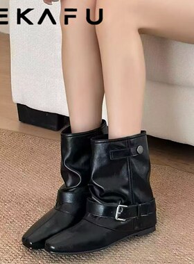 珂卡芙冬新款女骑士粗跟堆堆短靴