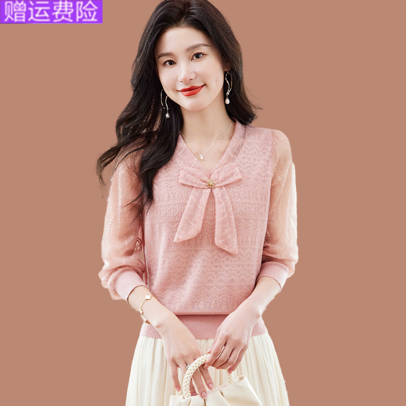 短款羊毛v领蝴蝶结长袖t恤女士夏季薄款纱网针织衫洋气设计感上衣