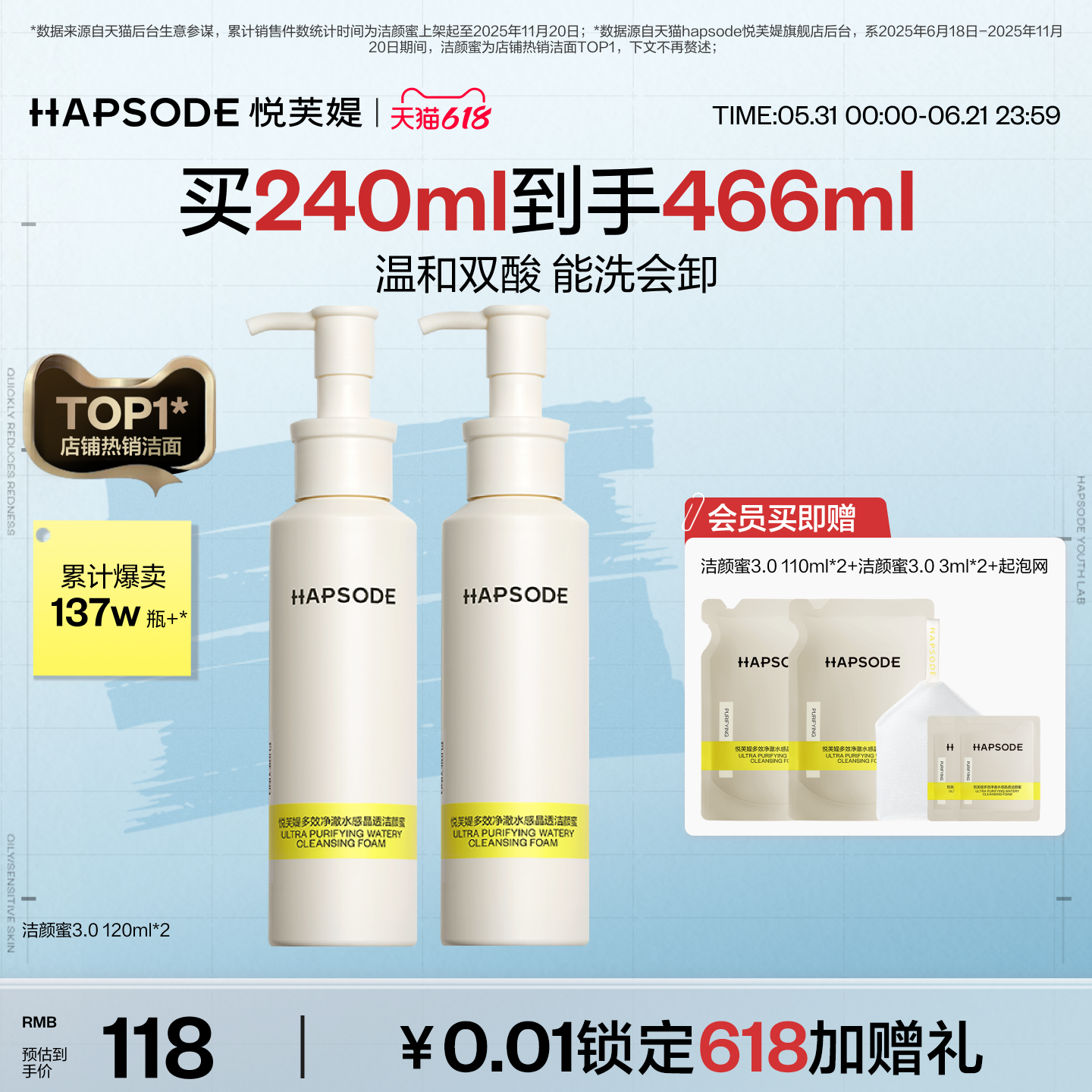 【618抢购】悦芙媞氨基酸洁颜蜜洁面清洁洗卸合一温和洗面奶女