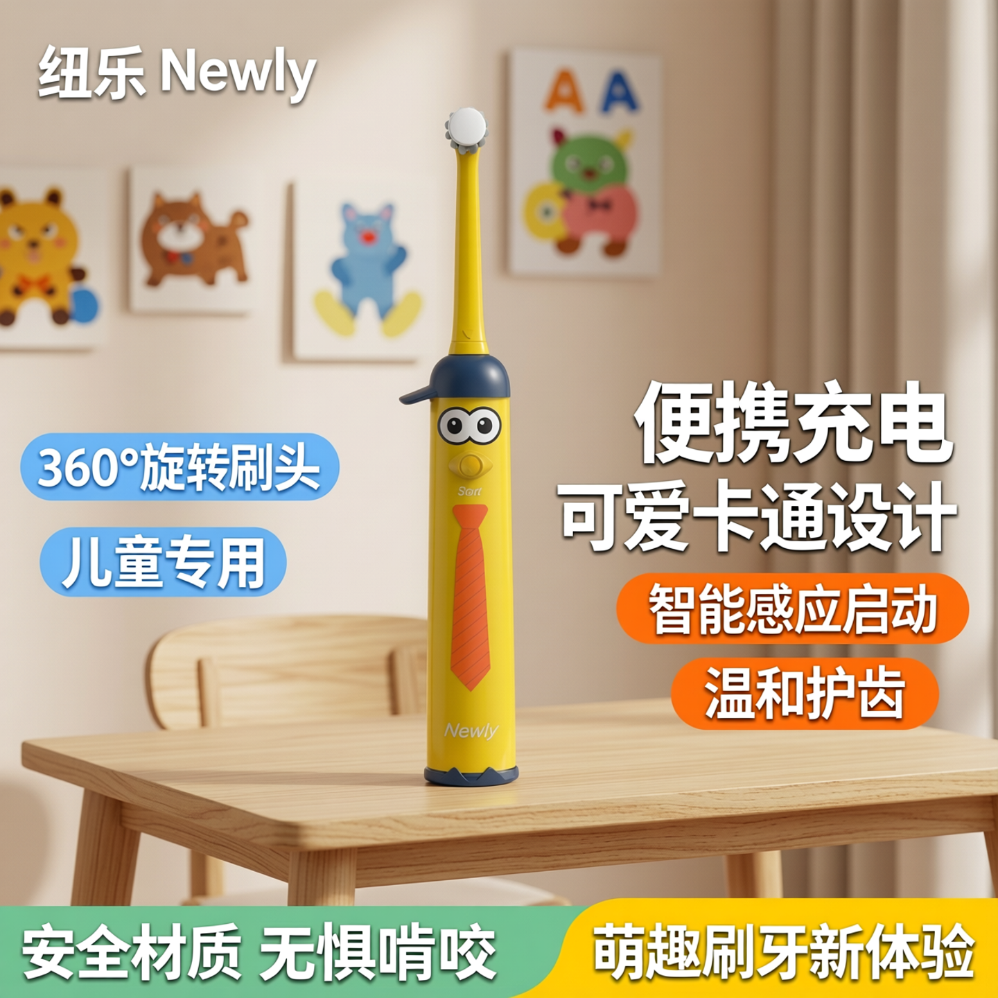 纽乐360旋转电动牙刷儿童卡通可爱充电式便携式洁齿神器