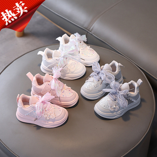 女童鞋子2025新款今年流行爆款时尚板鞋亮片蝴蝶结洋气公主休闲鞋