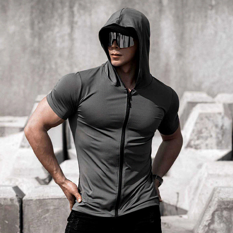 马孔多官方潮牌运动短袖男速干连帽服拉链开衫T恤弹力骑行透气收