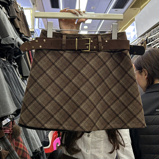 时尚韩版美式格纹毛呢A字半身裙女2025秋季新款高腰显瘦休闲短裙