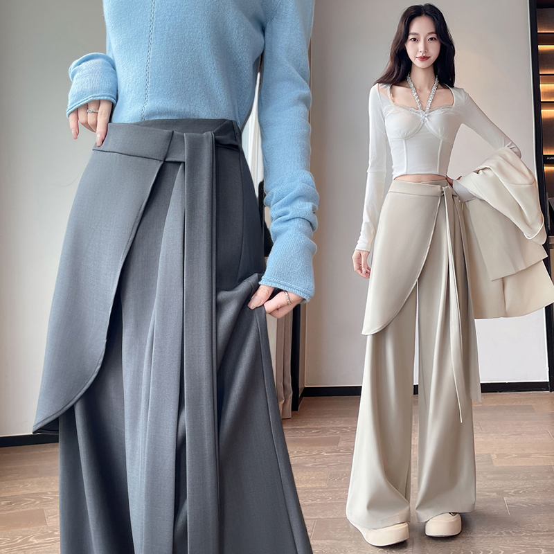 绑带设计西装阔腿裤女2025秋季新款高腰垂感宽松直筒休闲拖地女裤