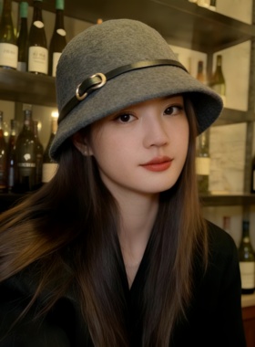 皮带扣羊毛留洋千金帽子法式礼帽女秋冬渔夫帽盆帽赫本富家千金帽