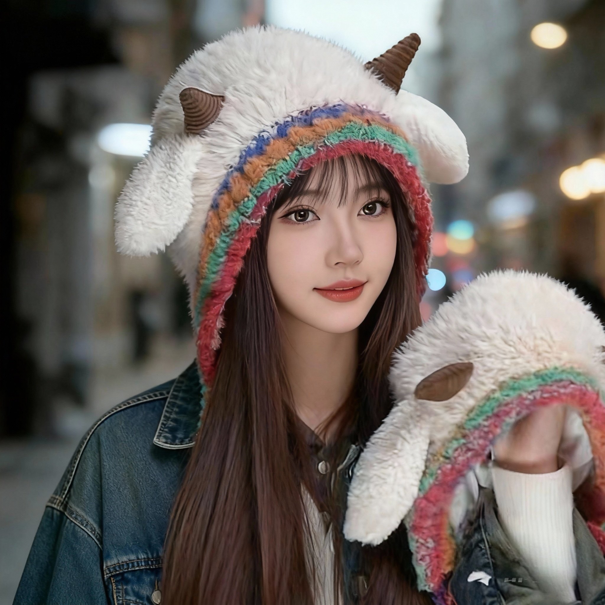 韩版可爱小羊毛绒帽子女秋冬季保暖绑带针织护耳帽百搭套头雷锋帽