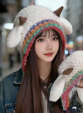 韩版可爱小羊毛绒帽子女秋冬季保暖绑带针织护耳帽百搭套头雷锋帽