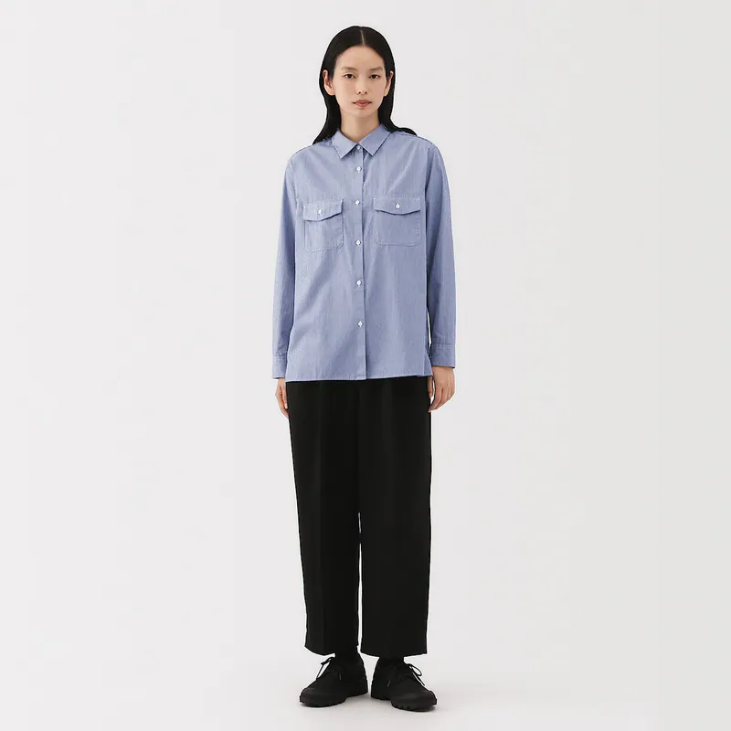 MUJI女式Labo棉府绸口袋长袖衬衫