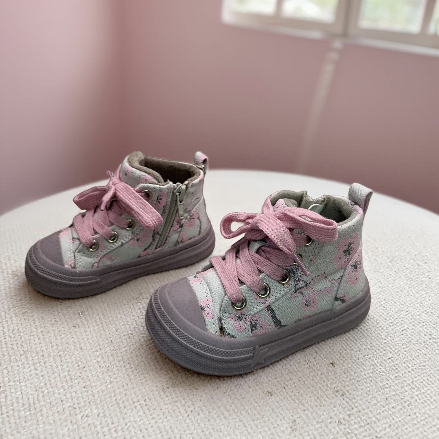 希鹿玛Xiluma女童粉色中帮板鞋帆布鞋侧拉链休闲短靴冬季加绒童鞋