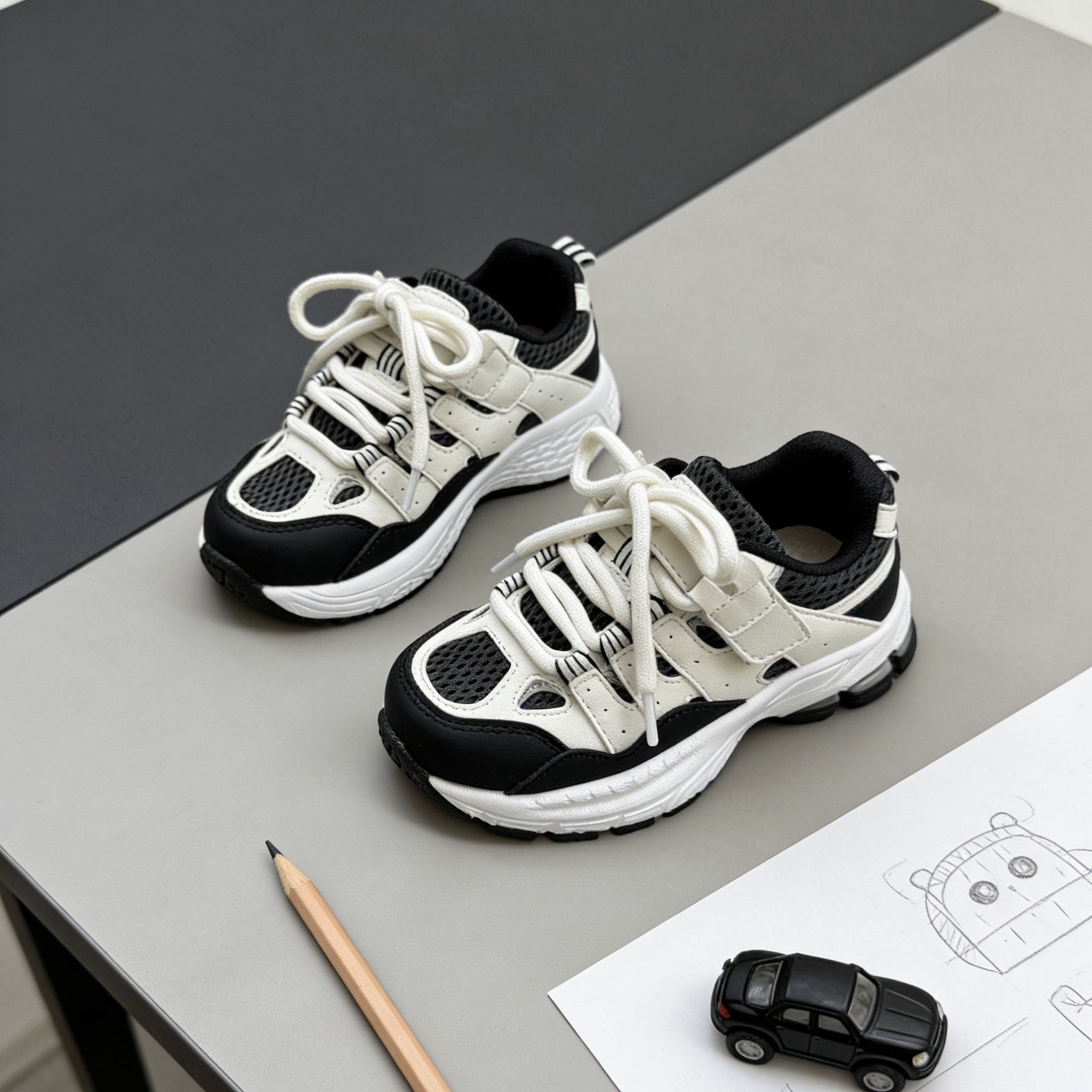 芭杜乐BADULE经典黑白运动鞋透气网眼轻便单网魔术贴学生春夏童鞋