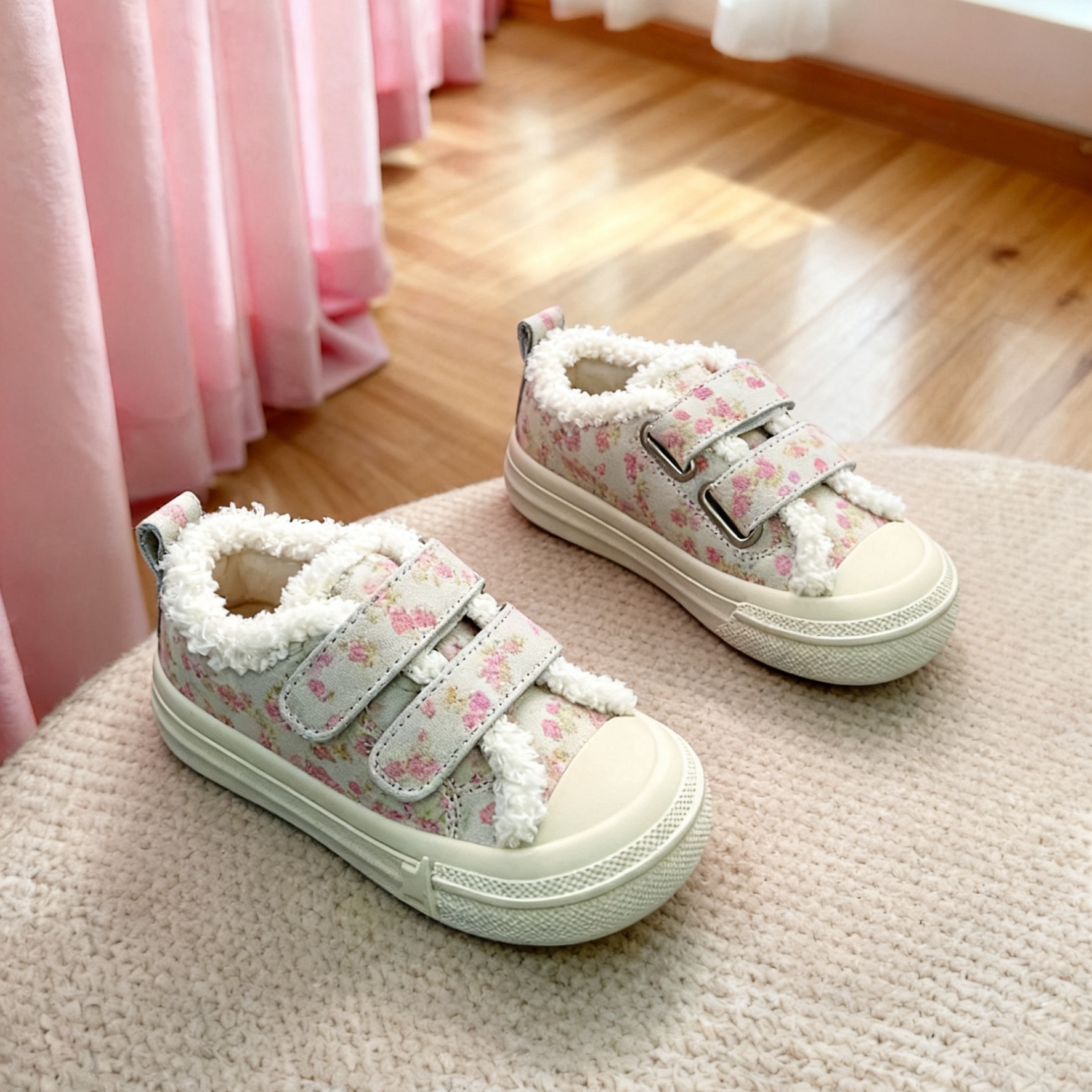 希鹿玛Xiluma女童粉色印花板鞋魔术贴反毛皮休闲可爱冬季加绒童鞋