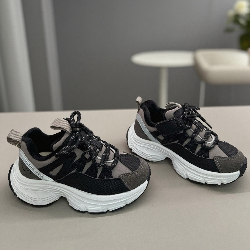 希鹿玛Xiluma运动鞋简约潮流感魔术贴黑色酷炫保暖冬季加绒童鞋