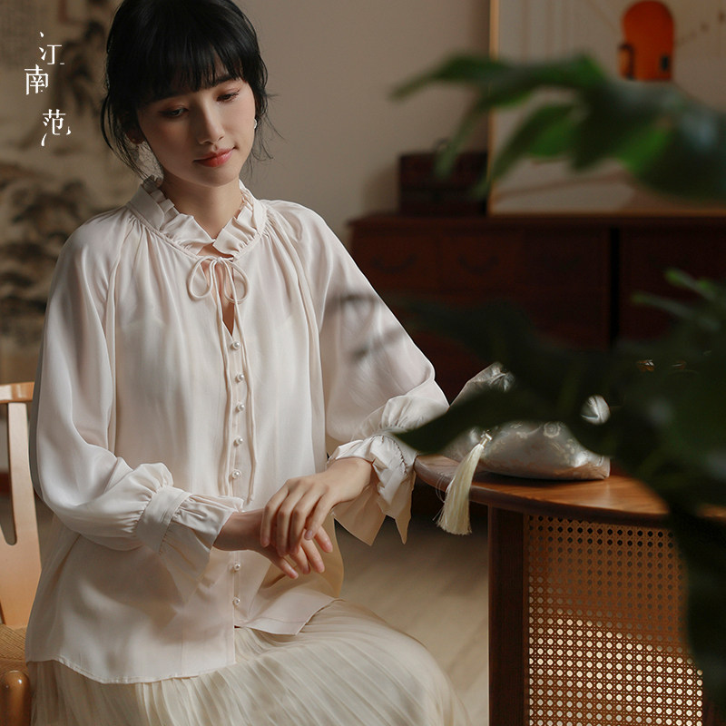 江南范米白色新中式改良汉服上衣2026早春桑蚕丝V领系带气质衬衫