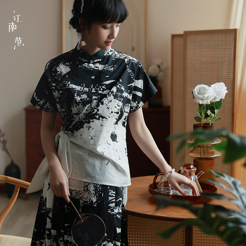 江南范新中式改良汉服上衣2025年夏天黑白水墨年轻款日常茶服小衫